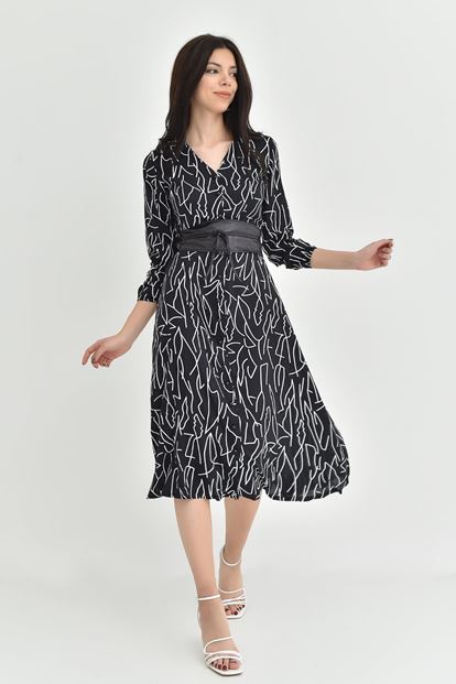 Siyah Kemerli Midi Boy Gömlek Elbise