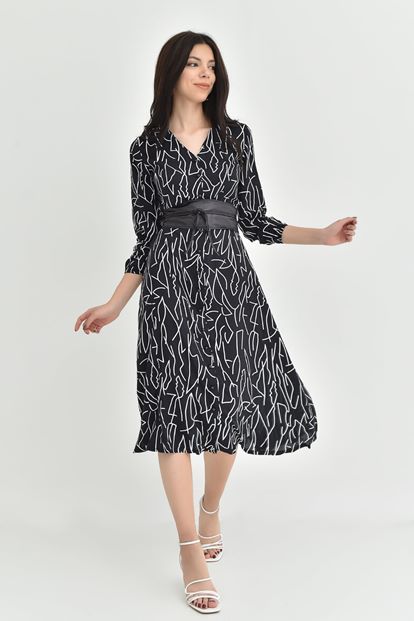 Siyah Kemerli Midi Boy Gömlek Elbise