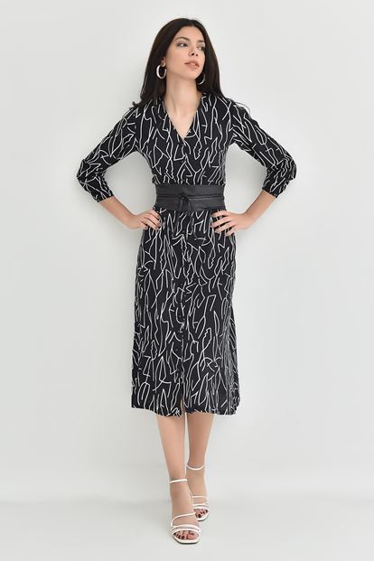 Siyah Kemerli Midi Boy Gömlek Elbise
