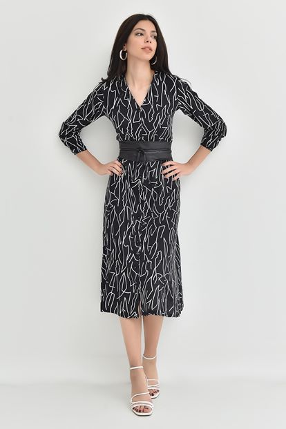 Siyah Kemerli Midi Boy Gömlek Elbise