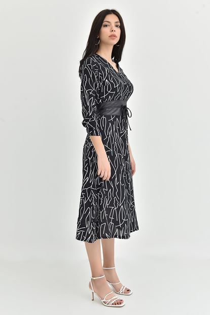 Siyah Kemerli Midi Boy Gömlek Elbise