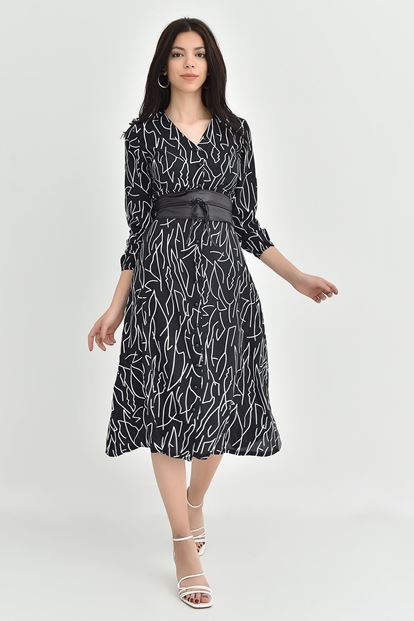 Siyah Kemerli Midi Boy Gömlek Elbise