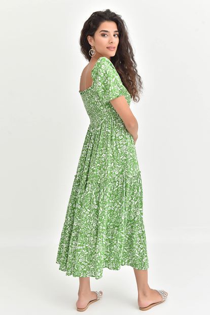 Yeşil Karpuz Kol Drapeli Uzun Elbise