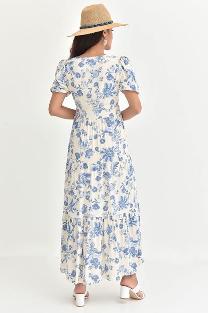 Blue Square Neck Floral Pattern Long Dress