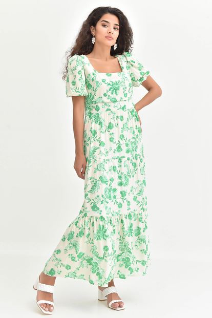 Karen Long Neck Green Floral Patterned Dress