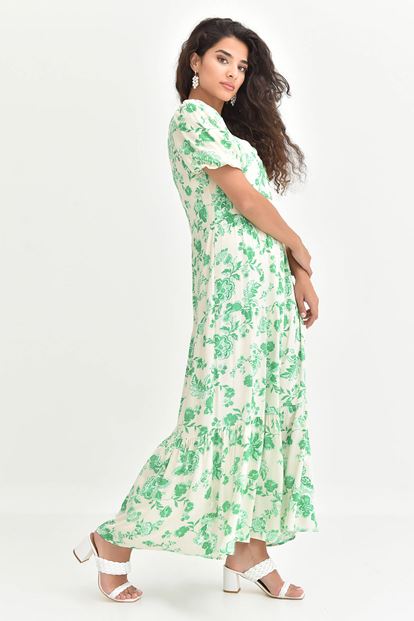 Yeşil Kare Yaka Çiçek Desenli Uzun Elbise