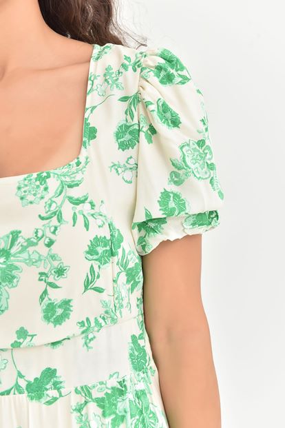 Yeşil Kare Yaka Çiçek Desenli Uzun Elbise