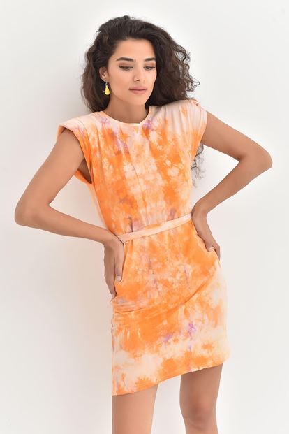 Turuncu Batik Desen Vatkalı Elbise