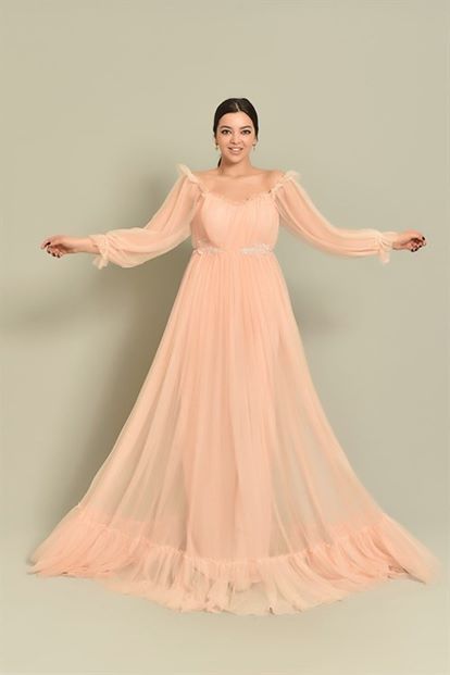 Pudra Kollari Tül Abiye Elbise