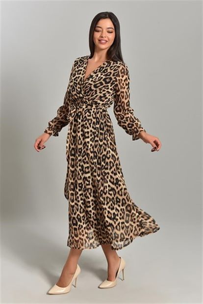 Leopard Pattern Double-breasted Collar Chiffon Dress