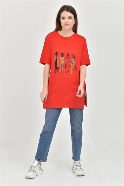 Lateral Slit Red Print T-Shirts