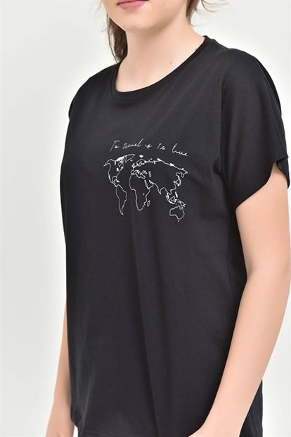 Siyah Dünya Kıtaları Baskılı Tişört
