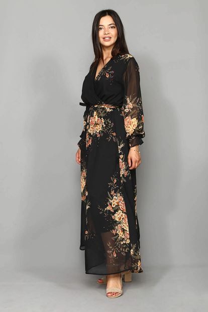 Black flowering chiffon long dress large body