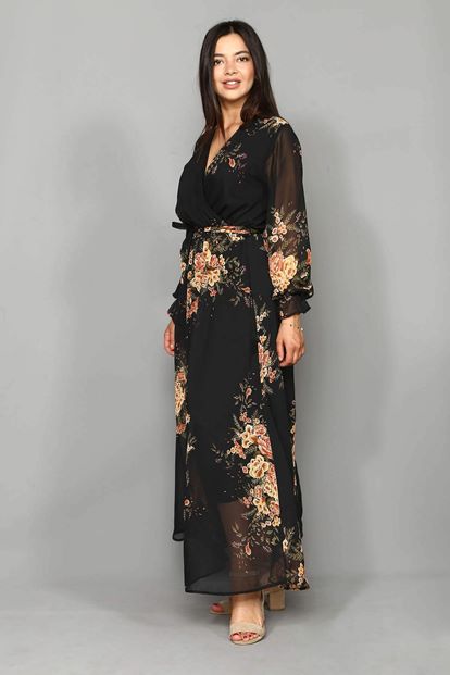 Black flowering chiffon long dress large body