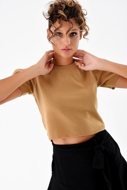 Taba Shoulder Detailed Crop Knitted T-Shirt