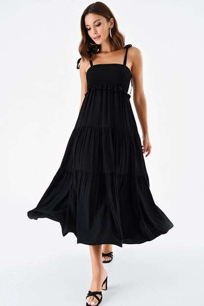 Siyah Omuzdan Baglamali İp Askılı Gipeli Elbise