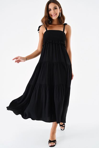 Siyah Omuzdan Baglamali İp Askılı Gipeli Elbise