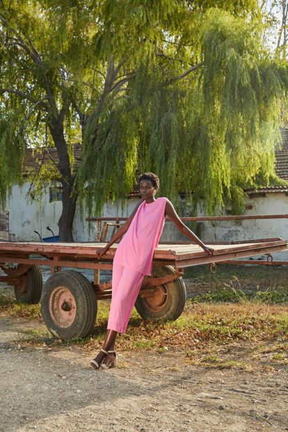 Pink blouse pants suit