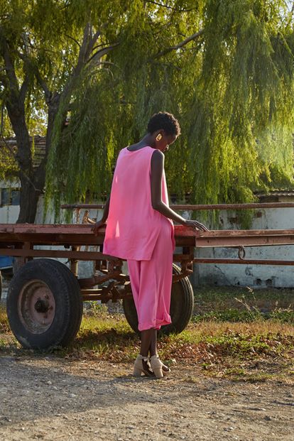 Pink blouse pants suit