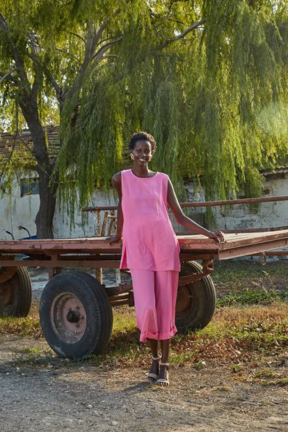 Pink blouse pants suit