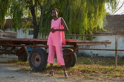 Pink blouse pants suit