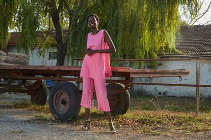 Pink blouse pants suit