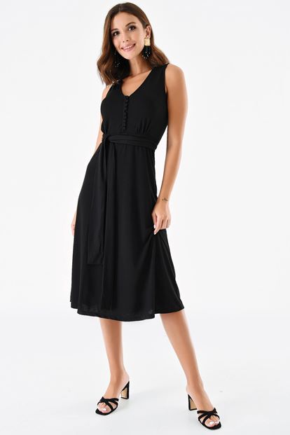 Black Front Button Detail Sleeveless Midi Dress Length