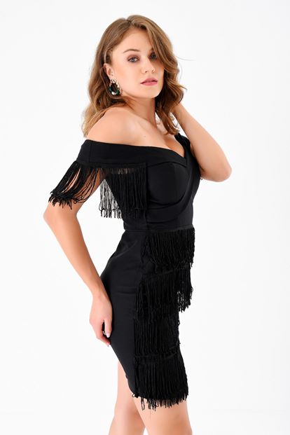 Black kayak collar fringed mini dress