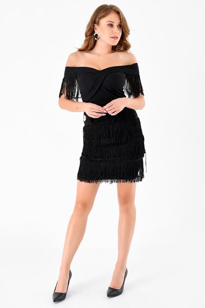 Black kayak collar fringed mini dress