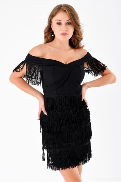 Black kayak collar fringed mini dress