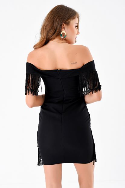 Black kayak collar fringed mini dress