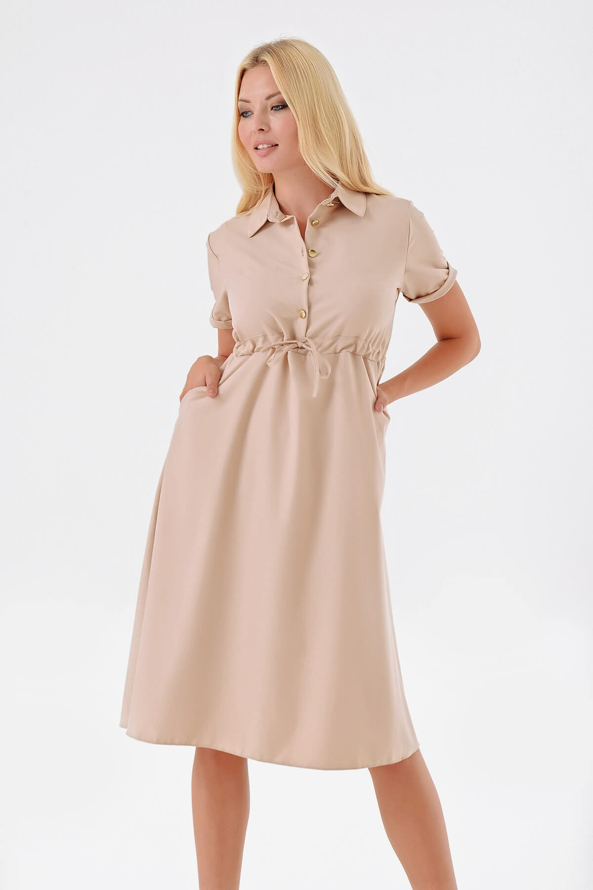 Beige Waisten Shirred Dress Beige Waisten Shirred Dress
