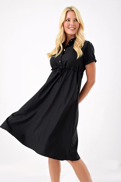 Siyah Belden Büzgülü Elbise