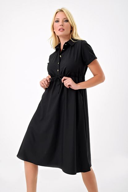 Siyah Belden Büzgülü Elbise
