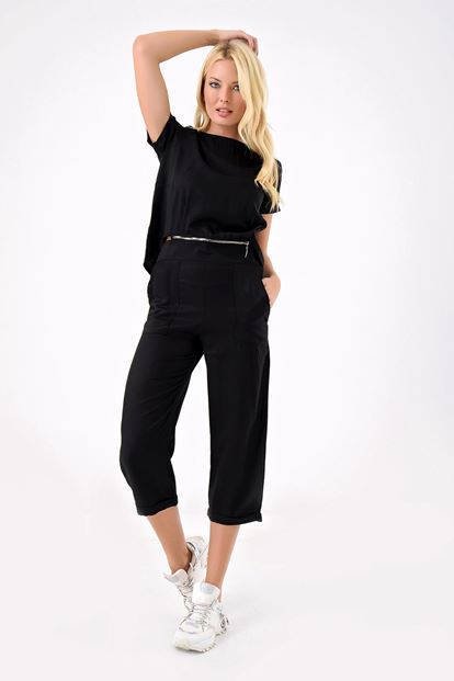 Siyah Fermuarlı Pantolon Bluz Takım Detay Tulum