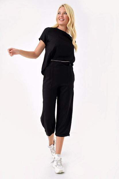 Siyah Fermuarlı Pantolon Bluz Takım Detay Tulum