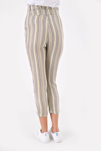 Detailed Belt Beige Striped Pants