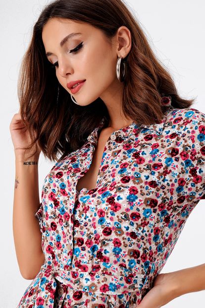 Beige Floral Patterned Slit Dress Shirts