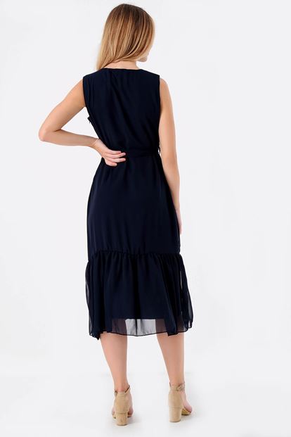 Collar double-breasted navy blue skirt ruffles Chiffon Dress