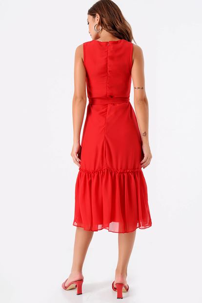 Kırmızı Etegi Büzgülü Kruvaze Yaka Şifon Elbise