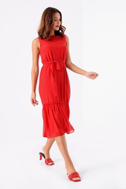 Red Collar double-breasted skirt ruffles Chiffon Dress
