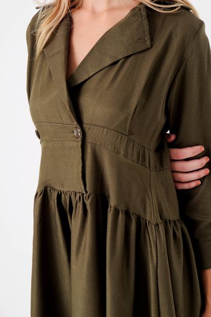 Cutting Detail Asymmetric Dress Khaki Button