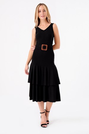 Siyah Eteği Kat Kat Kemerli Elbise ürün görseli