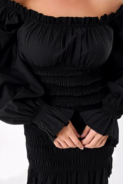 Siyah Büzgülü Mini Elbise