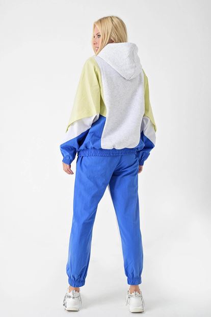 Gri Kapüsonlu Blok Renkli Parasüt Kumas Polarli Eşofman Takımi