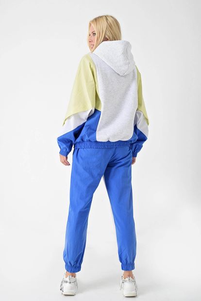 Gri Kapüsonlu Blok Renkli Parasüt Kumas Polarli Eşofman Takımi