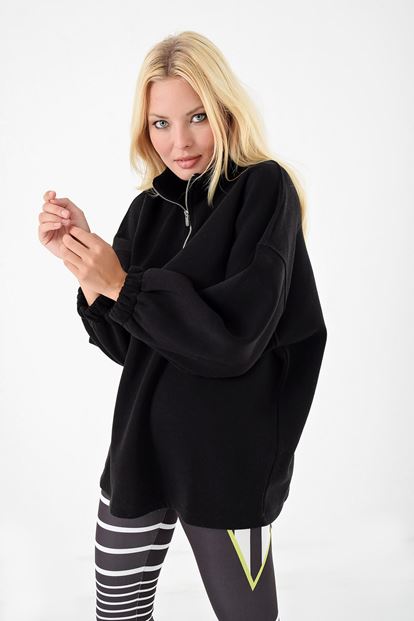 Siyah Dik Yaka Fermuarli Sweatshirt
