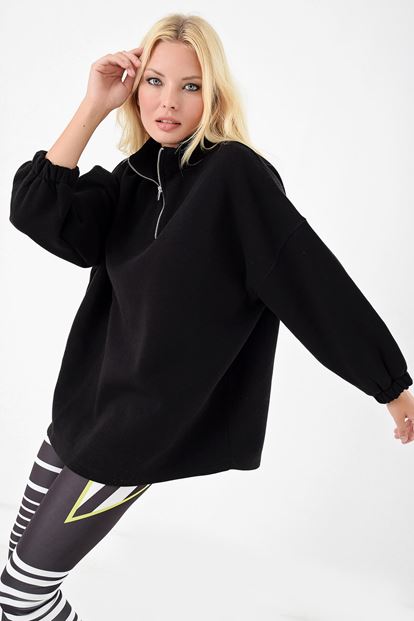 Siyah Dik Yaka Fermuarli Sweatshirt