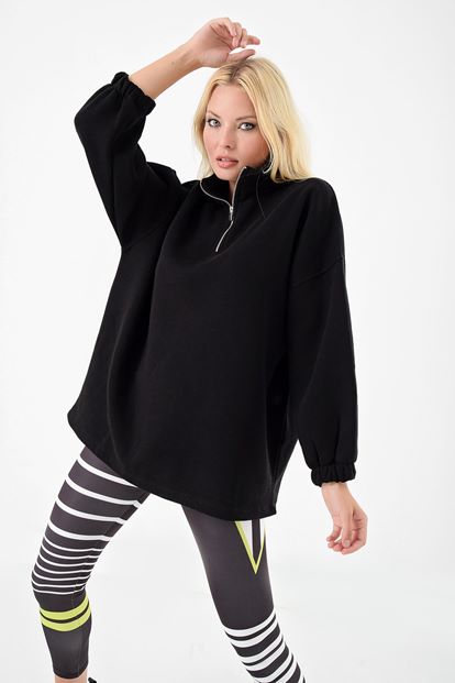 Siyah Dik Yaka Fermuarli Sweatshirt