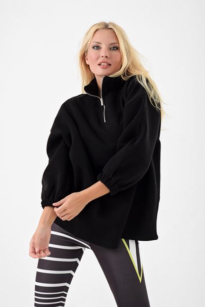 Siyah Dik Yaka Fermuarli Sweatshirt